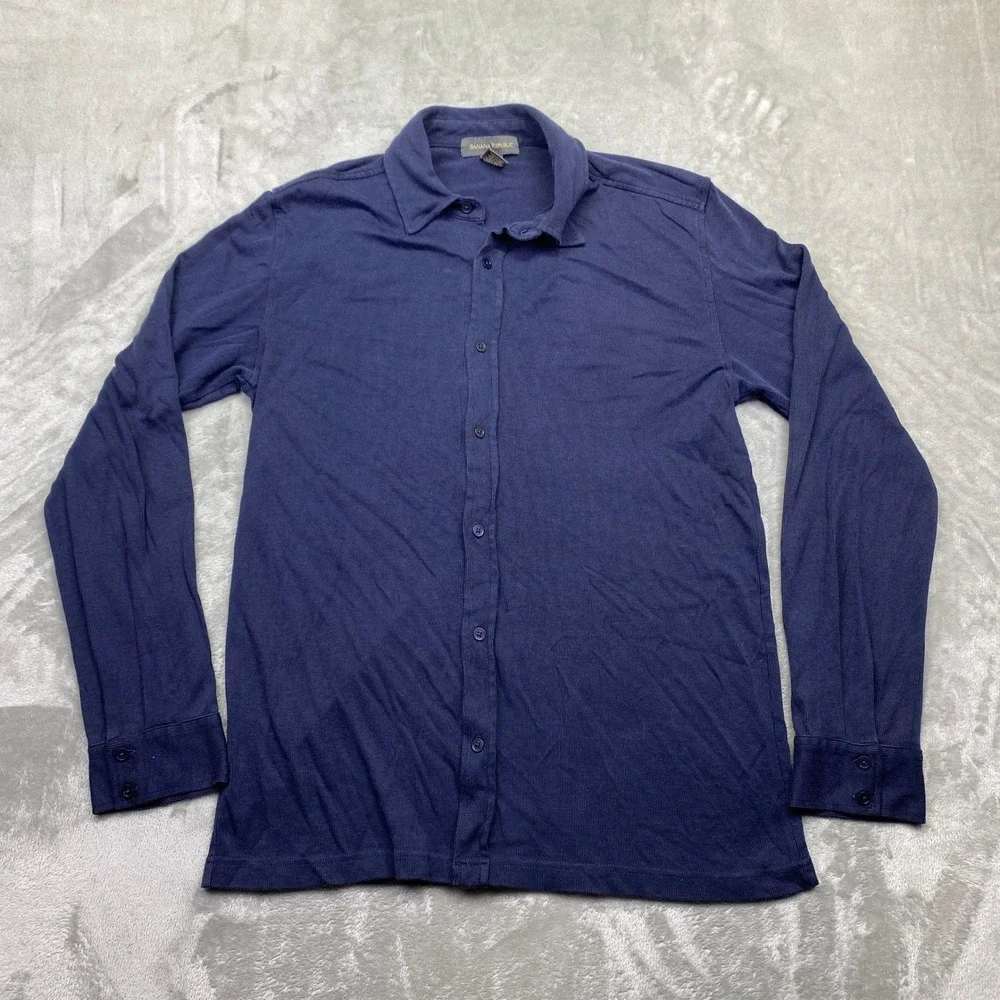 Banana Republic Mens Large Navy Blue Ribbed Cotton Rayon Long Sleeve Button Down
